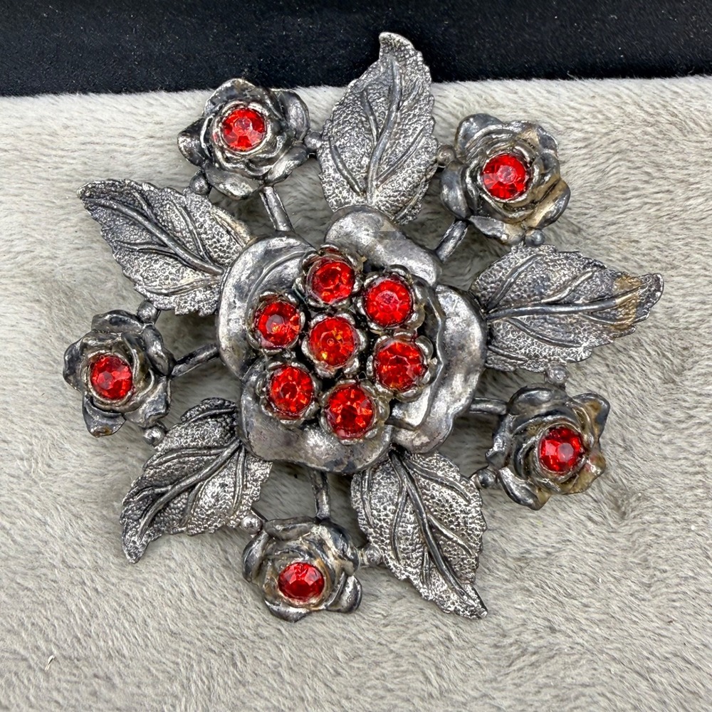 Vintage Pot Metal Rhinestone Flower Brooch Little Nemo Silver Tone Red